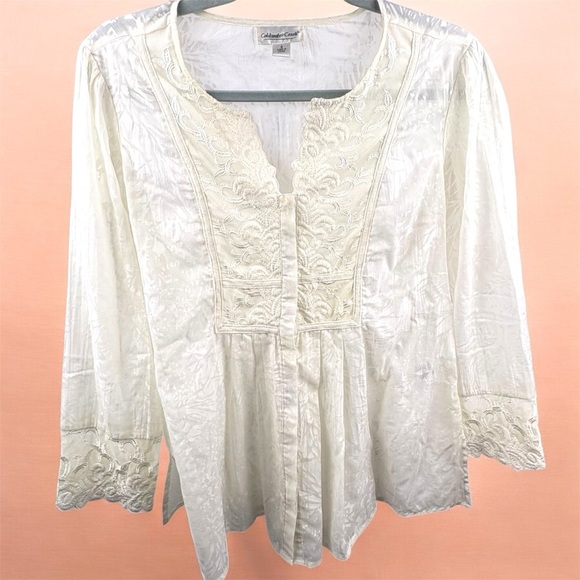 Coldwater Creek Cream Lace Jacquard Blouse Sheer Peasant Tunic Bohemian Sz Small - Picture 3 of 12